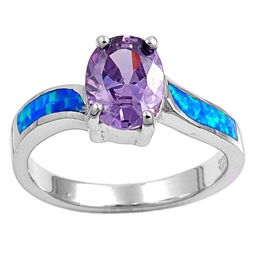 Sterling Silver Ring in Lab Opal - Blue Opal, Amethyst CZ - Ring Face Height: 9mm, Size 5 - 10
