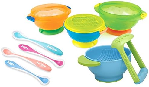 Nuby 4 Pack Hot Safe Feeding Spoons with Suction Bowls and Mash & Serve Bowl