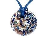 Sterling Silver Retro Blue Cobalto Murano Glass Round Pendant w/ Navy Cord