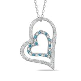 ParisJewelry 1/4 Carat Genuine Blue Diamond Platinum Double Heart Necklace in 18 inch length