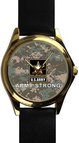 Special Design Military US Army, Army Strong Camouflage Background Unisex Silver-tone Round Metal Watch, Metal watch with black leather watchband