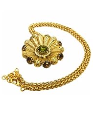 Flower Pendant Italian-Made Gold Finished Brass Necklace with Central Green Olivina Crystal