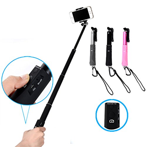 Selfie Stick,Paladineer Extendable Integrated Self Portrait Wireless Bluetooth Remote Camera Shooting Shutter Monopod Selfie Handheld Stick Pole With Carabiner And Charging Cable(For Free) Specially designed for IOS And Android System Mobile Cell Phone Fit for Different Width Dimension of The Mobile Phone Black