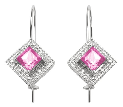 10k White Gold Lab Created Pink Sapphire and Diamond Earrings