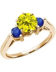0.71 Ct Round Canary Diamond Blue Sapphire 18K Yellow Gold 3-Stone Ring