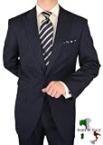 Gino Valentino Peak Lapel Ticket Pocket Suit Made in Italy Wool / Silk Mens Suit 150's Hand Made Two Button Canvas Front Jacket Modern Flat Front Pants Custom Working Buttonholes Business Suit Navy Chalkstripe