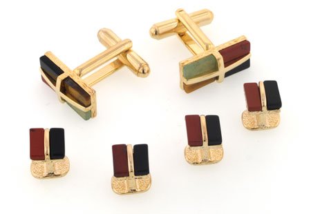 Gold plated cufflinks and shirt stud set with Jasper, aventurine, tigers eye and onyx with presentation box. Made in the U.S.A