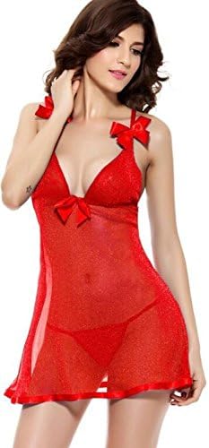 Garimi Underwear Sexy 3 Color Babydoll Mesh Dress Pajamas Transparent Sleepwear Negligees RedXX-Large