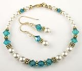December Blue Zircon Gold Filled Birthstone Swarovski Crystal Beaded Pearl Braceletss and Earrings Sets