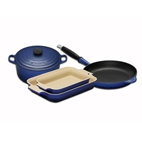Le Creuset Cast Iron and Stoneware Gift Set, 4 piece, Graded Blue