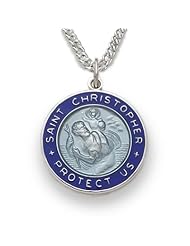 .925 Sterling Silver Round Blue Inlay/Border St. Christopher Medal Pendant Jewelry St. Christopher Patron Saint Medal Pendant Catholic Gift Boxed w/Chain Necklace 20" Length Gift Boxed