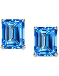 Tommaso Design (tm) 8x6mm Emerald Cut Genuine Blue Topaz Earrings Studs in 14 kt White Gold