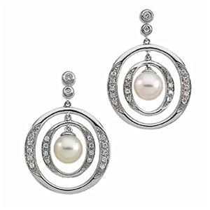 14kt White Gold Array White Cultured Pearl and Diamond Dangling Earrings