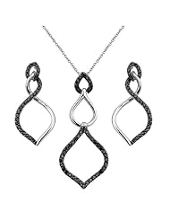 .925 Sterling Silver CZ Hanging Earrings and Matching Pendant-Necklace Set with 1.2mm Cable Rolo Chain - 16"+2" Inches Extension