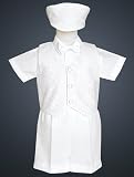 White Christening Baptism Embroidered Jacquard Vest and Short Set with Hat