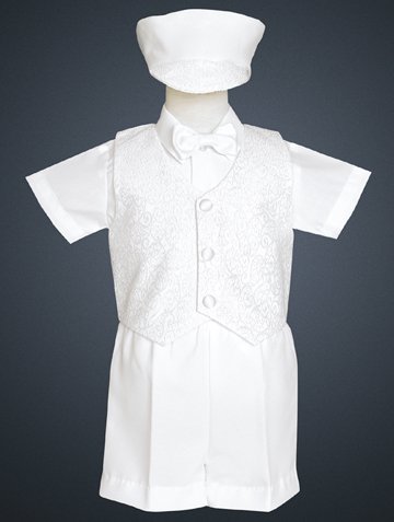 White Christening Baptism Embroidered Jacquard Vest and Short Set with Hat