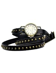 Geneva Retro Watch Womens Punk Wrap Genuine Leather Fashion Watch Rivet Black Strap