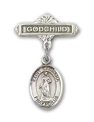 Sterling Silver Baby Badge with St. Barbara Charm and Godchild Badge Pin