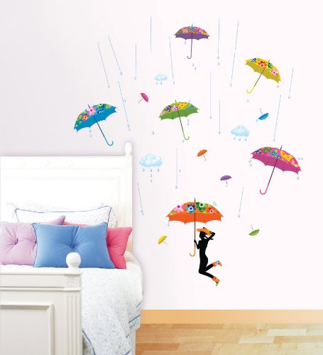 Easy Instant Decoration Wall Sticker Decal  Vintage Print Umbrellas and Rainclouds