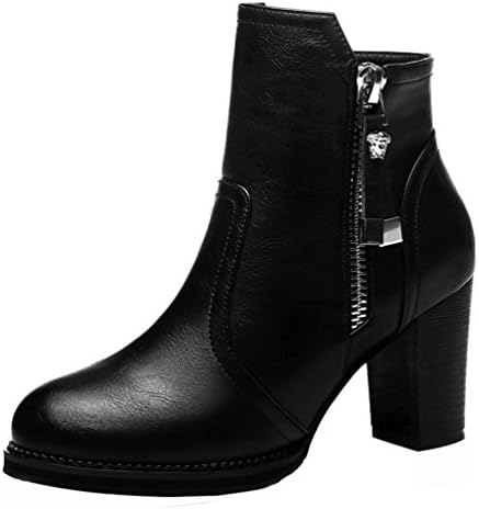 Kiwii Women Fashion Round Toe Zipper Decorated Chunky Mid Heel Pump Shoes(5 B(M) US, Black)