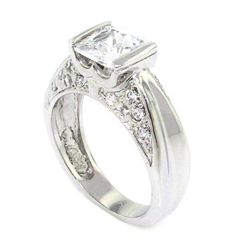Sterling Silver Classic Engagement Ring w/Square Radiant White CZ, pavé Size 8