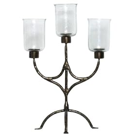 Wrought Iron Small Three Light Candelabra Candleholder With Crackled Glass Shades 23"H 15"W