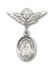 Sterling Silver Baby Badge with St. Teresa of Avila Charm and Angel with Wings Badge Pin