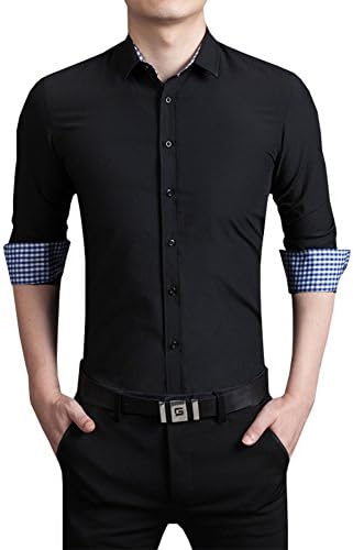 Homleys Mens Casual Slim Fit Long Sleeve Inner Contrast Dress Shirt (Asian XL (US Small), Black)