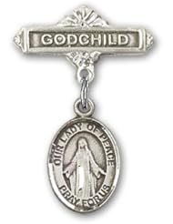 Sterling Silver Baby Badge with Our Lady of Peace Charm and Godchild Badge Pin