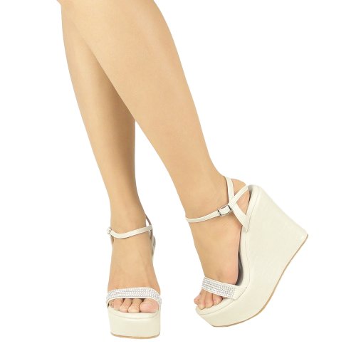 Womens' Platform Wedge Open Toe Rhinestone Sandals w/ Ankle Strap WHITE