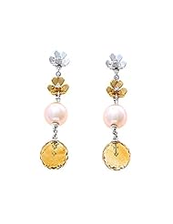 15.81CTW 14K White Gold Genuine Orange Pearl / Citrine and Diamond Dangling Earrings