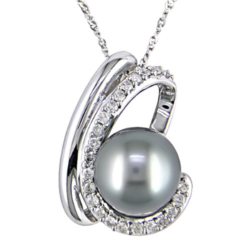 14K White Gold 1/4 ctw Diamond and Black Tahitian Pearl Spiral Pendant