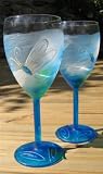 Wine glasses, dragonfly design, Blue
