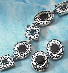 Accent Jet & Silver Bracelet & Earring Set SILVER