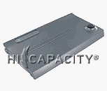 Rectangular battery with eight slit-type contacts on top. It has a step leg and fuel gage on back.