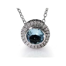 18K White Gold 16 Cable Chain Round-Shape Aquamarine Color-Stone Necklace, Set... by I.Reiss