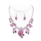 Pink Leaf Statement Necklace Earrings Set Fashion Jewelry