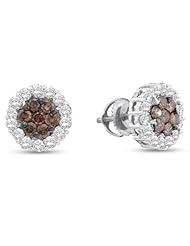 14K White Gold Round Brilliant Cut Chocolate Brown and White Diamond - Flower Shape Invisible & Channel Set Studs Earrings with Secure Screw Back Closure - (3/4 cttw.)