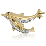 14K Yellow Gold Diamond & Ruby Dolphin Broach 32mm Wide