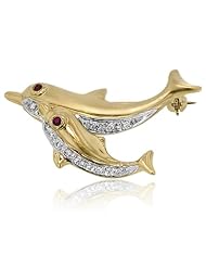 14K Yellow Gold Diamond & Ruby Dolphin Broach 32mm Wide