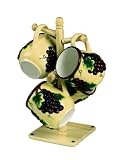 COFFEE MUGS W/ WOOD RACK HOLDER TUSCANY GRAPE DECOR