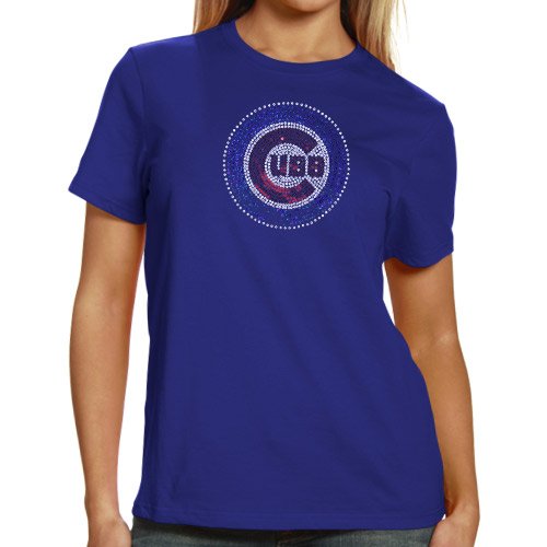 Chicago Cubs Ladies Sequin Jersey Logo Premium T-Shirt - Royal Blue (Small)