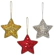 Embroidered and Sequined Silver, Gold and Red Star Christmas Ornaments 4"D Set of 6