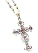 Gorgeous Fancy Multi-Color Crystal Cross Pendant/Charm Necklace with Fancy Beaded Chain Silver Tone Comes Gift Boxed