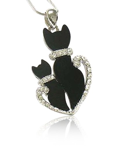 White Gold Plated Crystal Deco Dual Black Kitty Cat Pendant Necklace Jewelry