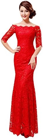Vogue008 Womens Bateau Half Sleeve Solid Lace Ankle-length Lace Up Formal Dress-2-Red