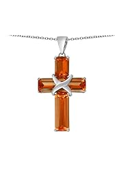 Original Star K (tm) Large Christian Cross Pendant with Emerald Cut Simulated Orange Mexican Fire Opal Stones in 925 Sterling Silver
