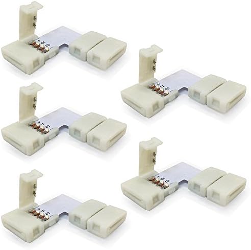 5pcs Pack 10mm L-shape 4-conductor Quick Splitter Right Angle Corner Connector for 5050 RGB LED Strip Lights, Strip to Strip