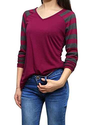 Allegra K Woman Striped Long Raglan Sleeves V Neck Casual Tee Purple XS