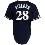 MLB Men's Milwaukee Brewers Prince Fielder Navy Short Sleeve 6 Button Synthetic Replica Baseball Jersey Spring 2012  (Navy, XX-Large)